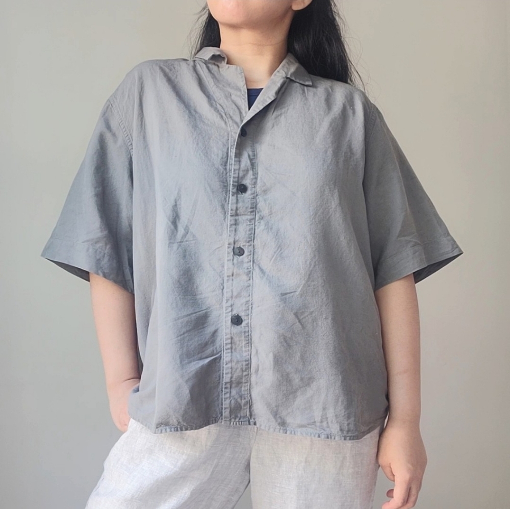 Uniqlo Linen Blend Open Collar Short-Sleeve Shirt, Olive, L
